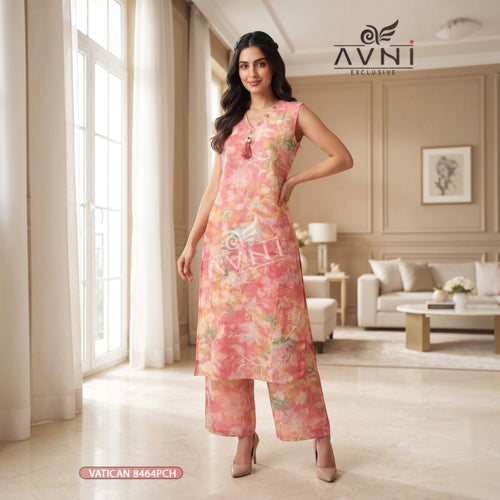 City Center Avni women's ethnic co-ord set featuring a sleeveless floral print kurta and matching wide-leg trousers.