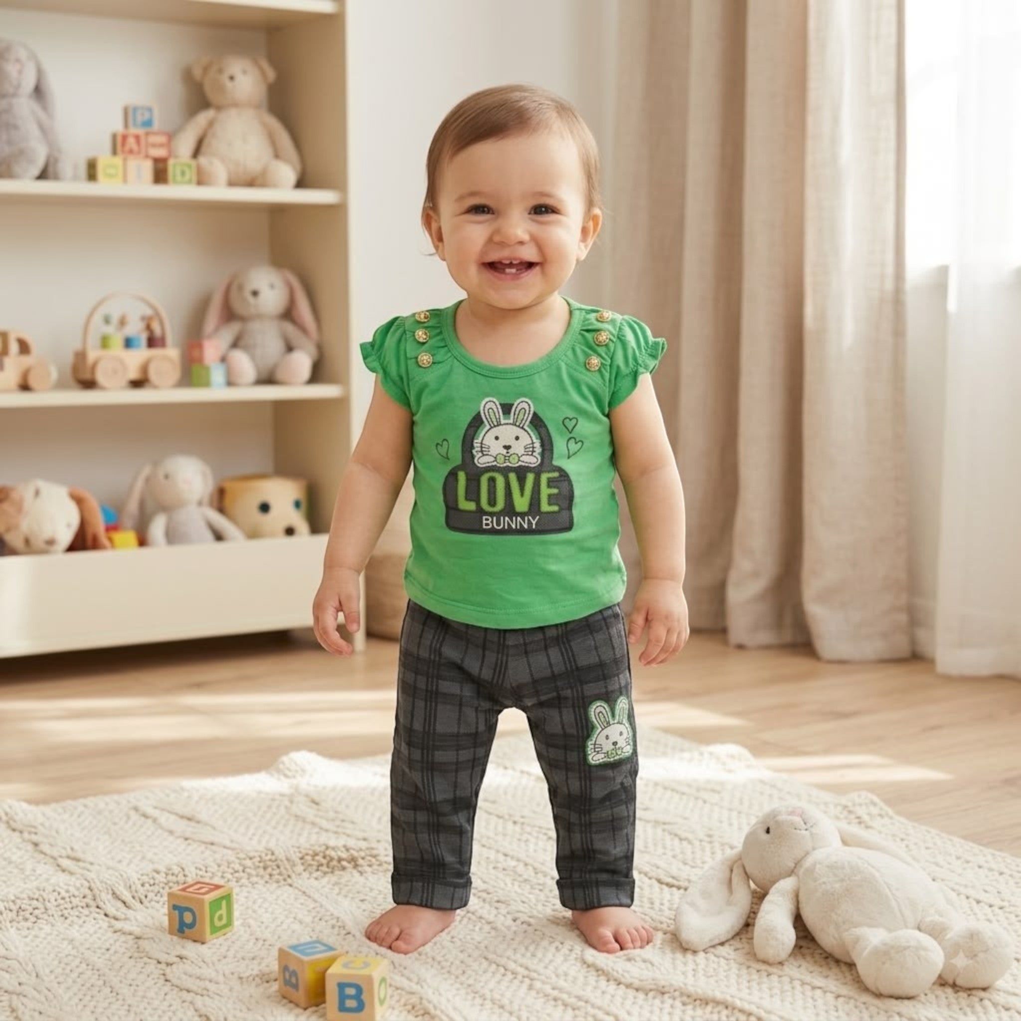 City Center baby girl outfit featuring a green bunny graphic t-shirt and grey plaid pants in a nursery setting