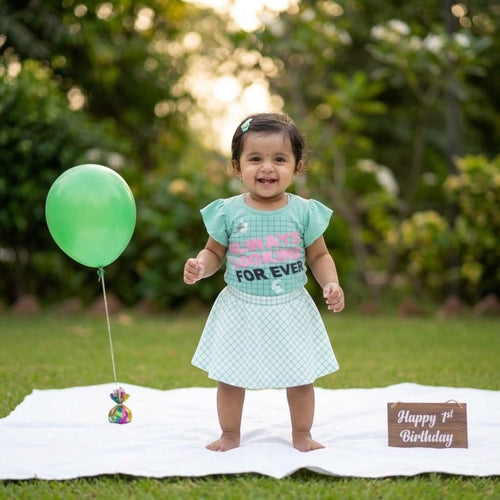 City Center baby girl wearing a mint green windowpane check skirt set during a first birthday outdoor photoshoot
