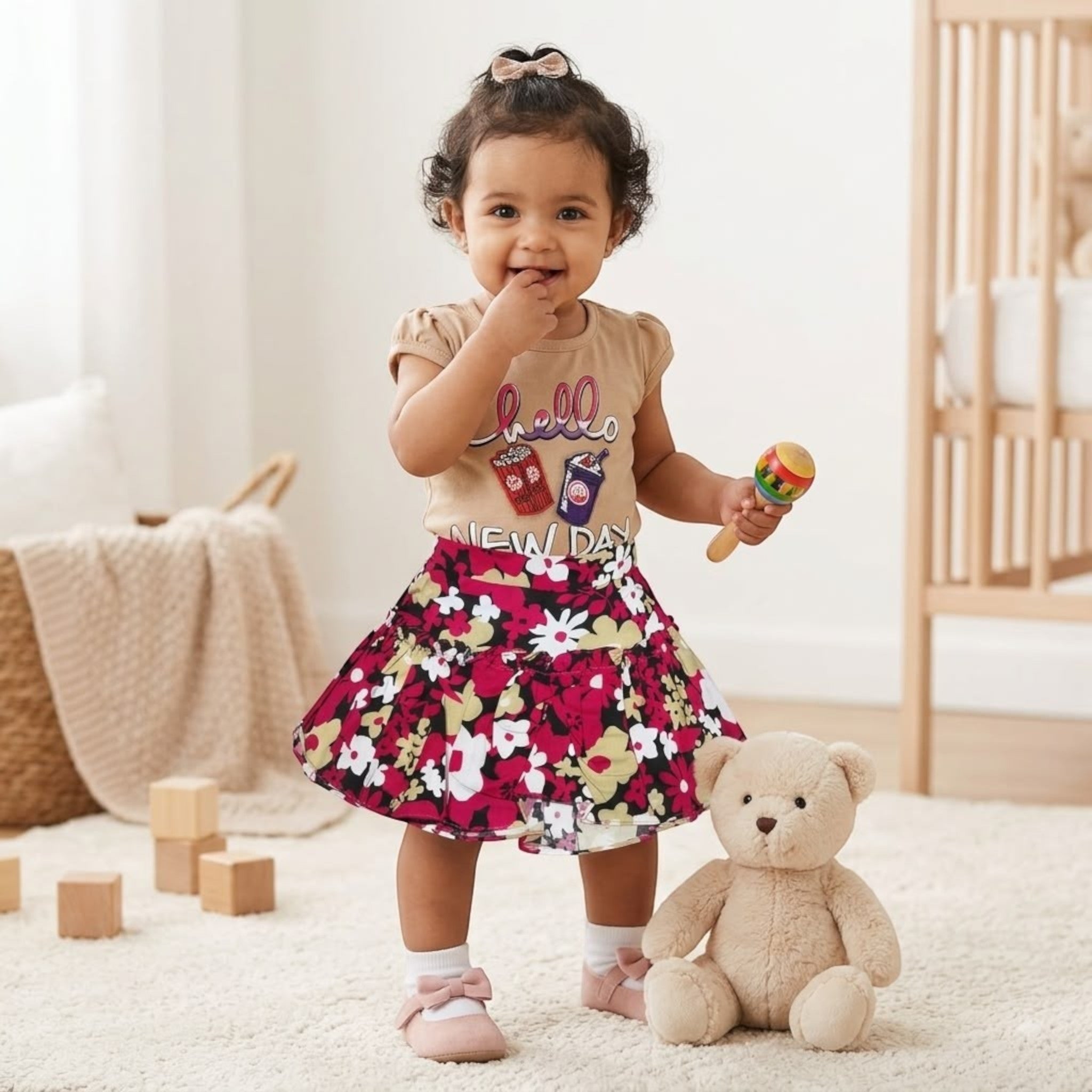 City Center baby girl outfit featuring a beige graphic t-shirt and a vibrant floral flared skirt with pink shoes
