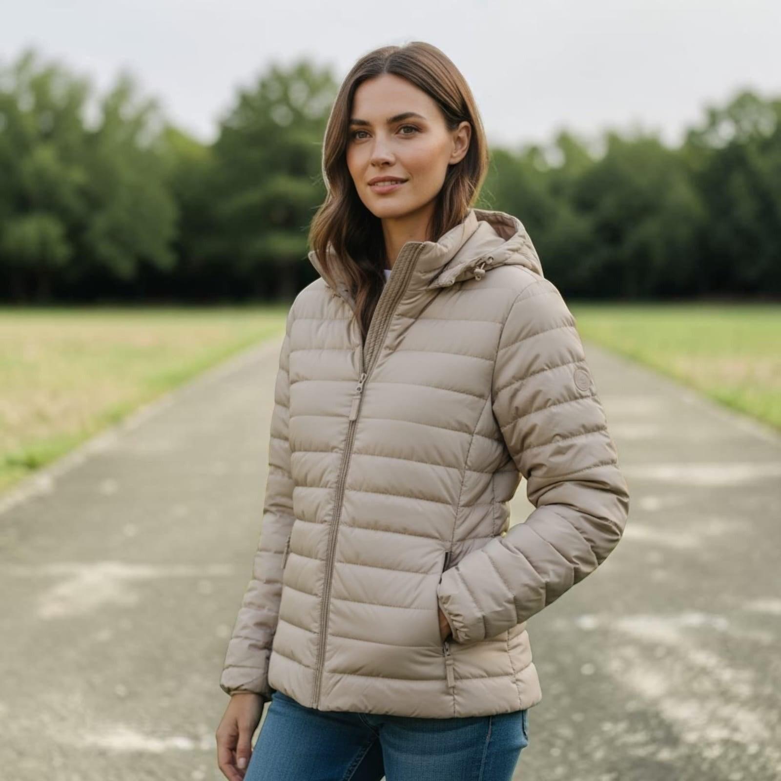 City Center ladies beige feather touch bomber jacket with a hood, worn by a woman on a paved path.