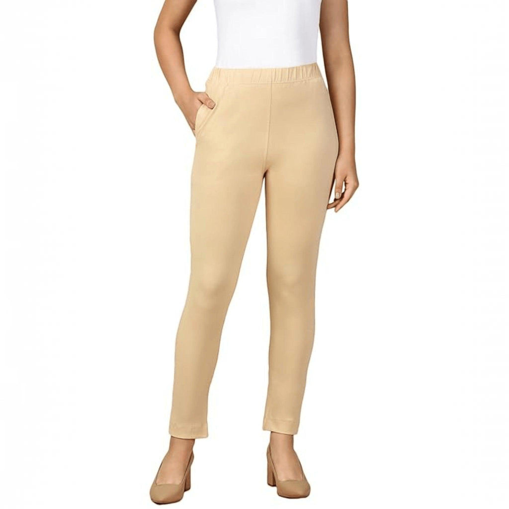 City Center PYNK by Lux Cozi beige cotton lycra kurtipant with elasticated waistband and side pocket on a model