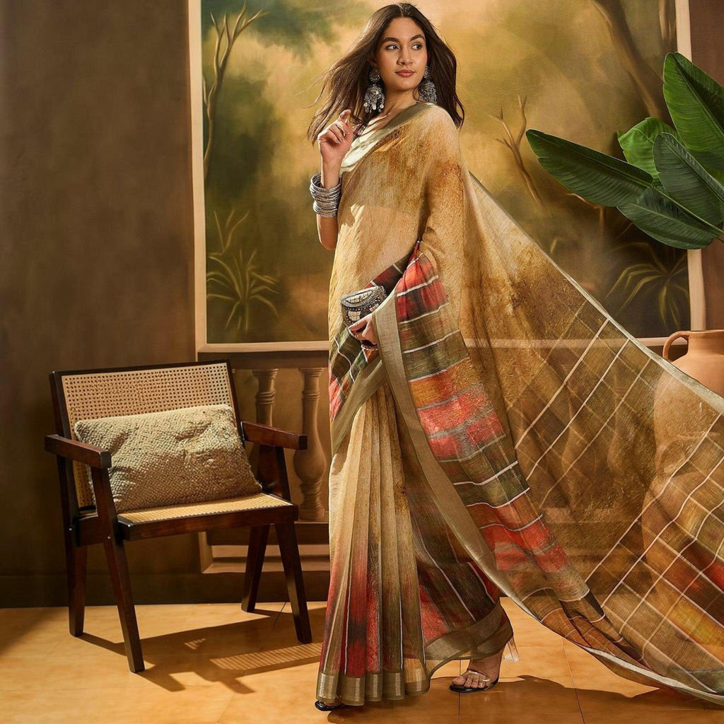 City Center premium cotton saree in beige with a multi-colored striped border worn by a model in a studio setting