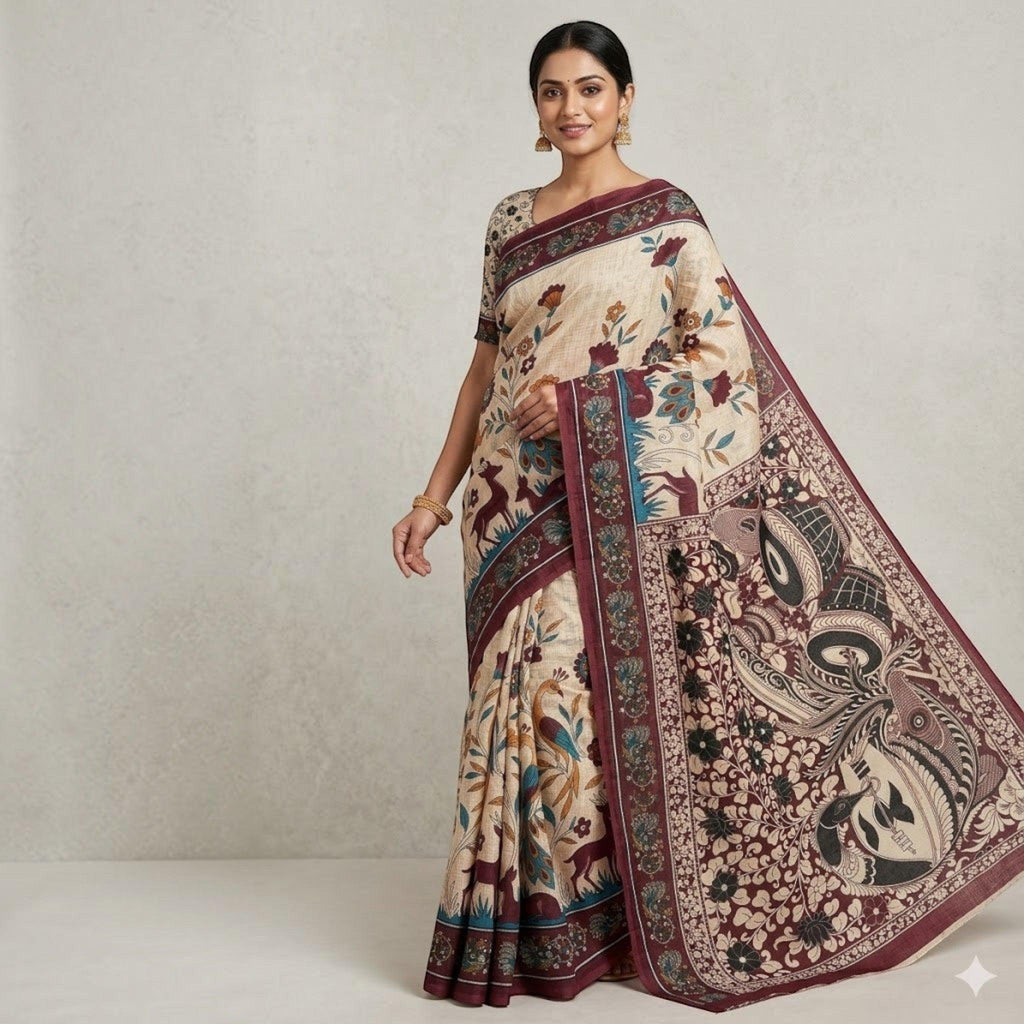 City Center premium cotton saree in beige with maroon floral and animal motifs, featuring a detailed pallu border.