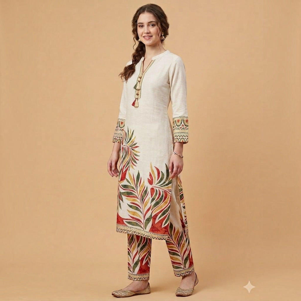 City Center beige co-ord set with floral leaf print, tassel neckline, and tailored trousers on a smiling model.