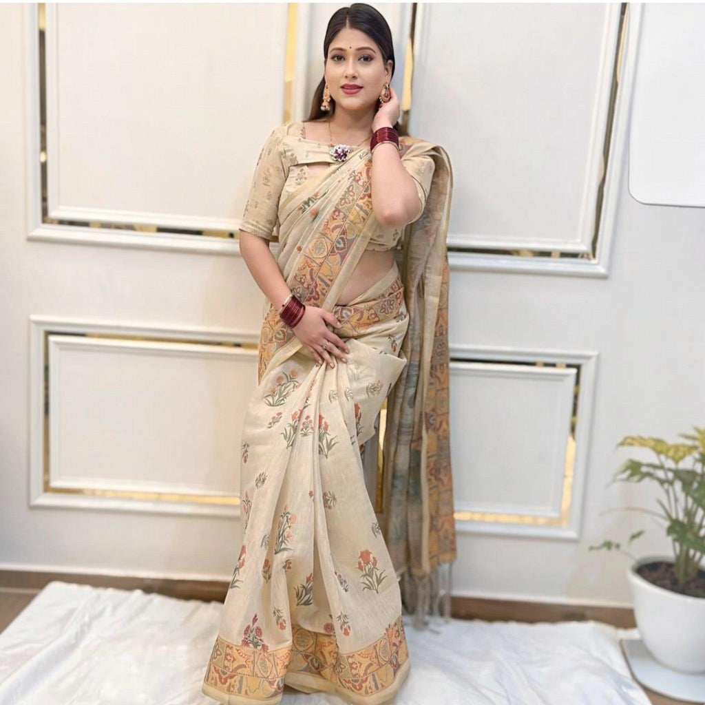 City Center premium cotton saree in beige with floral prints and a decorative border worn by a model