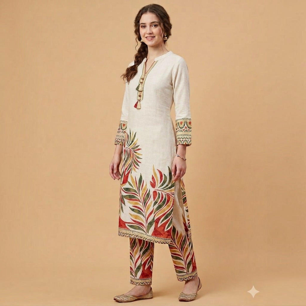 City Center beige co-ord set with a long kurta and matching trousers featuring a vibrant red and green leaf print.