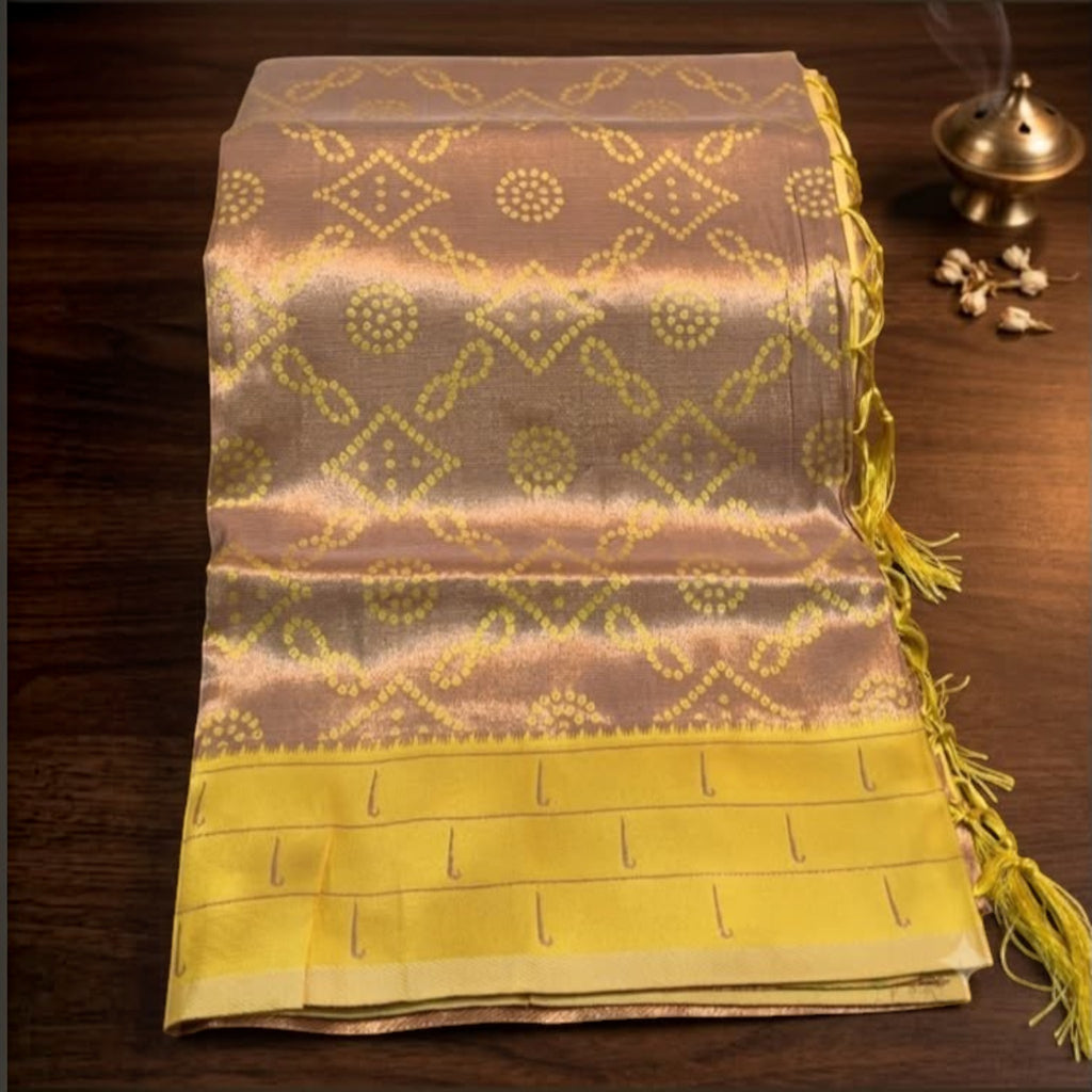 City Center Muniya Paithani pure silk saree in beige with yellow zari border and traditional handwoven parrot motifs.