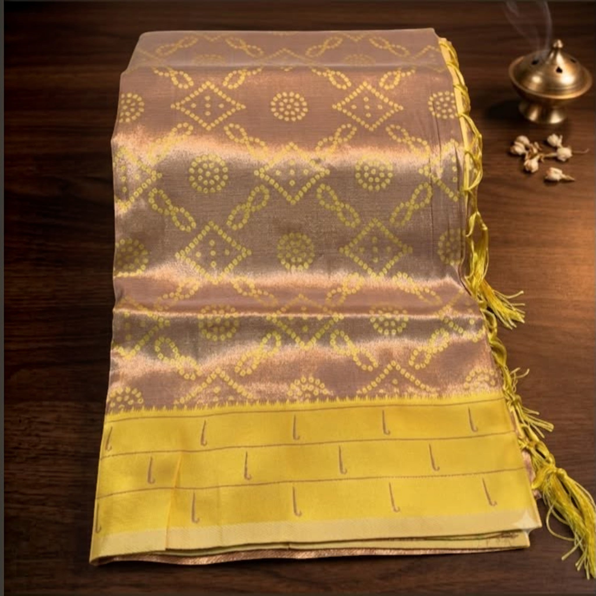 City Center Muniya Paithani pure silk saree in beige with yellow zari border and traditional handwoven parrot motifs.