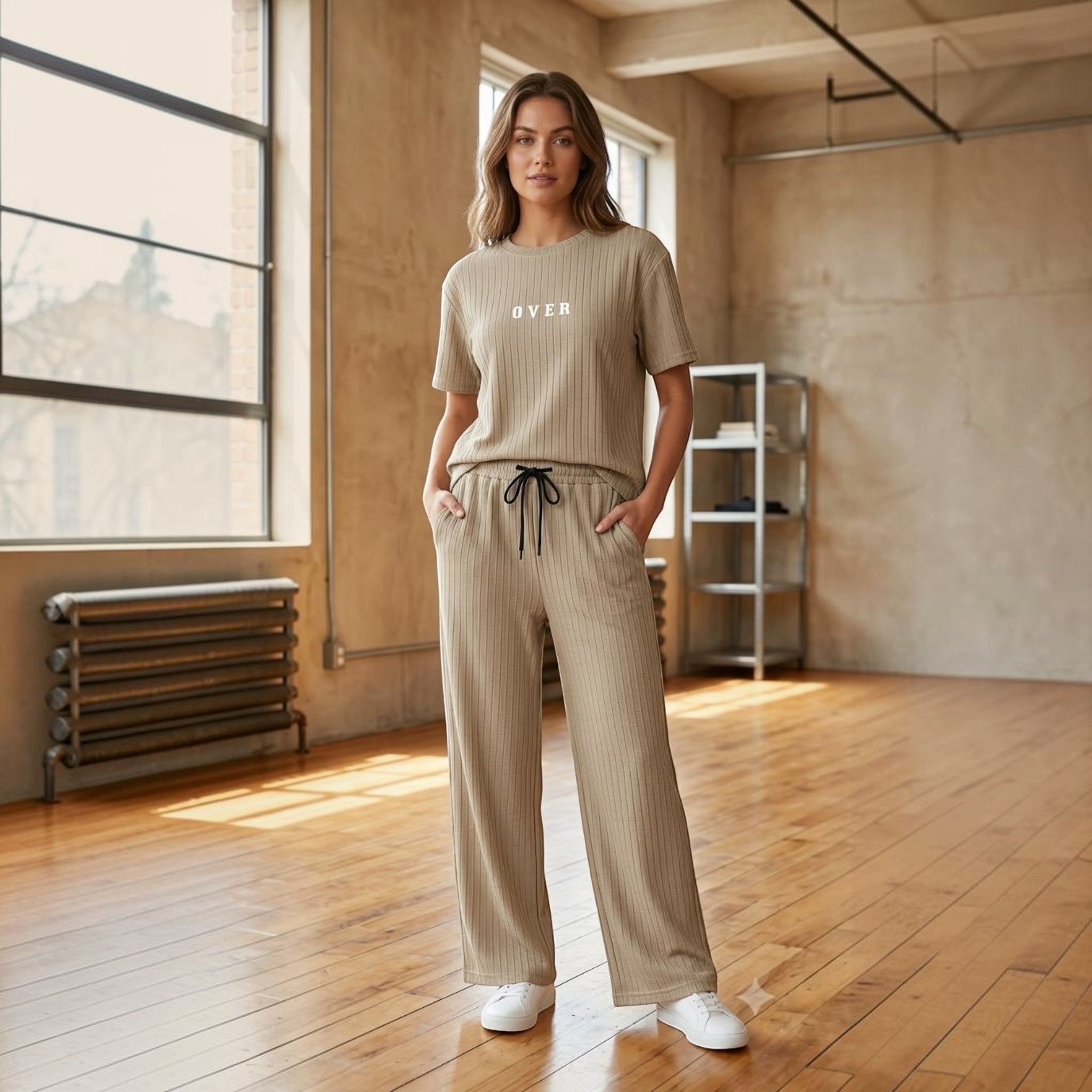 City Center Korean Airport cord set in beige with ribbed texture, oversized top, and wide-leg trousers on a model.