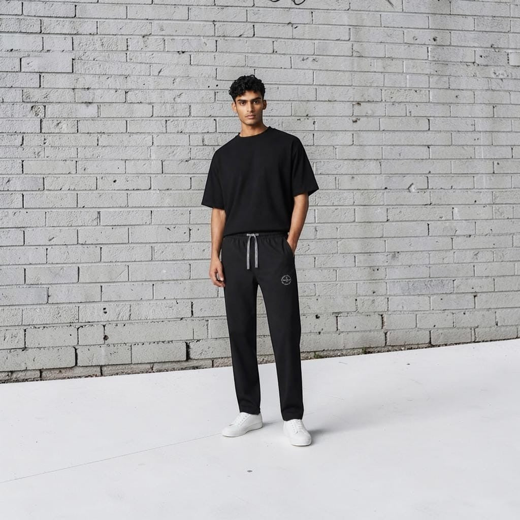 City Center model wearing black casual track pants with an elastic waistband and deep pockets against a brick wall.