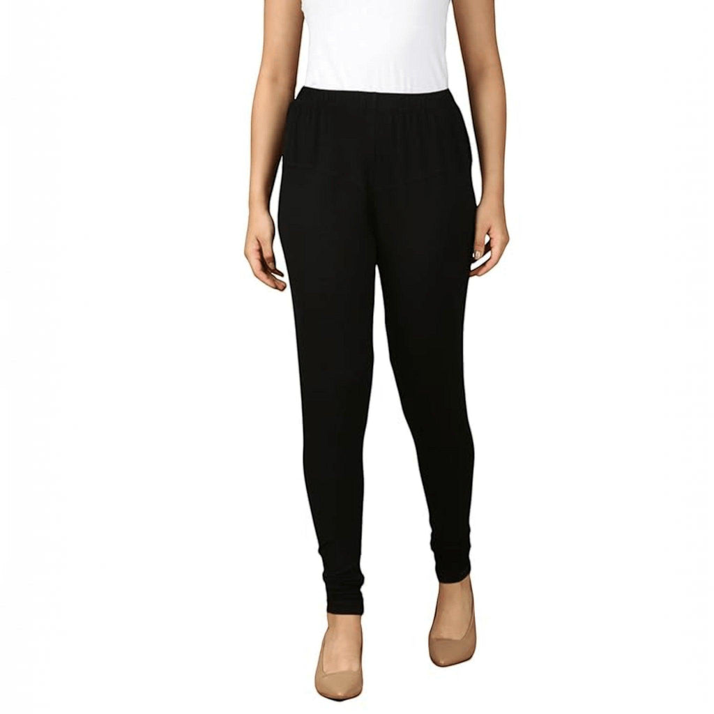 City Center black cotton lycra churidar leggings for women, featuring a comfortable pull-on design.