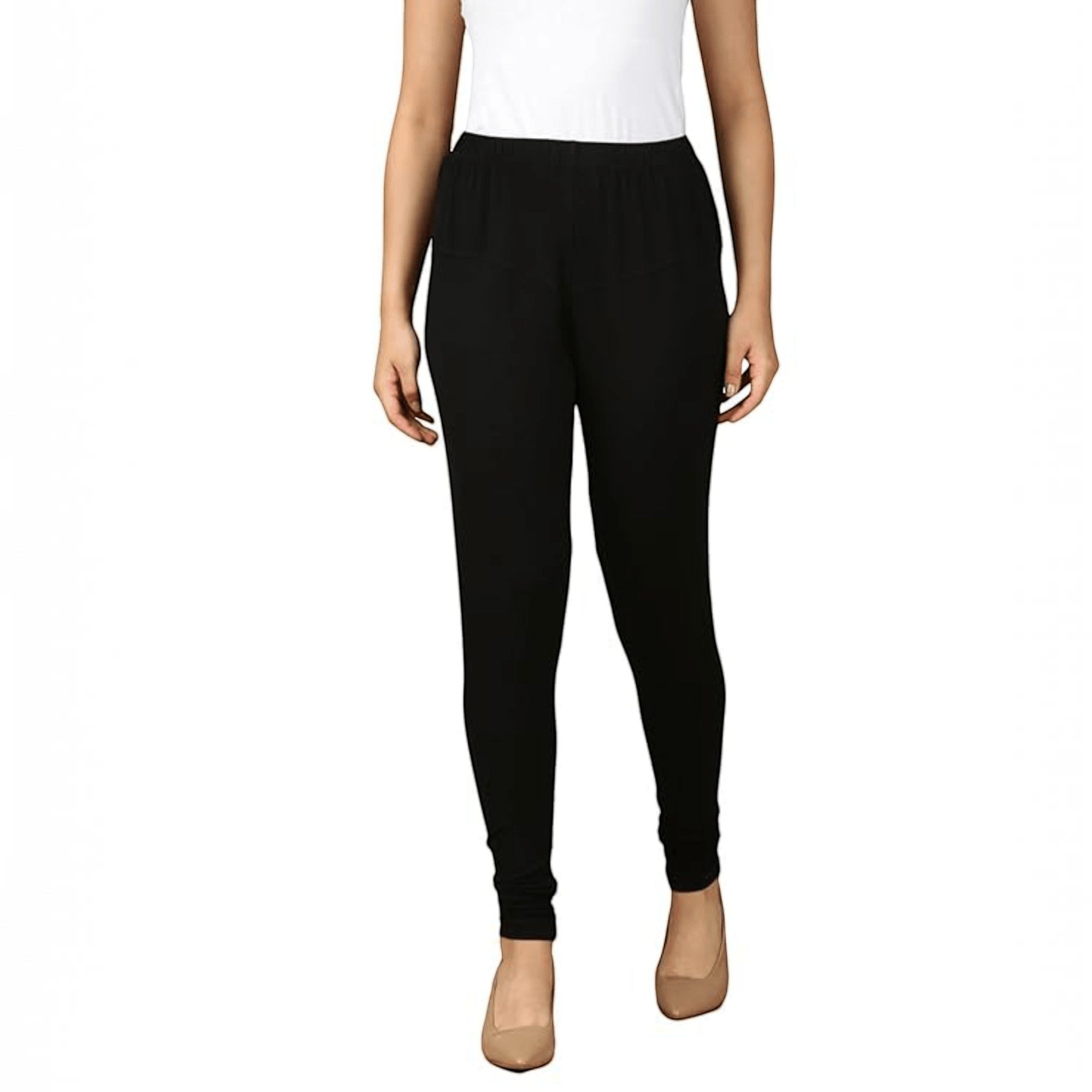 City Center black cotton lycra churidar leggings for women, featuring a comfortable pull-on design.