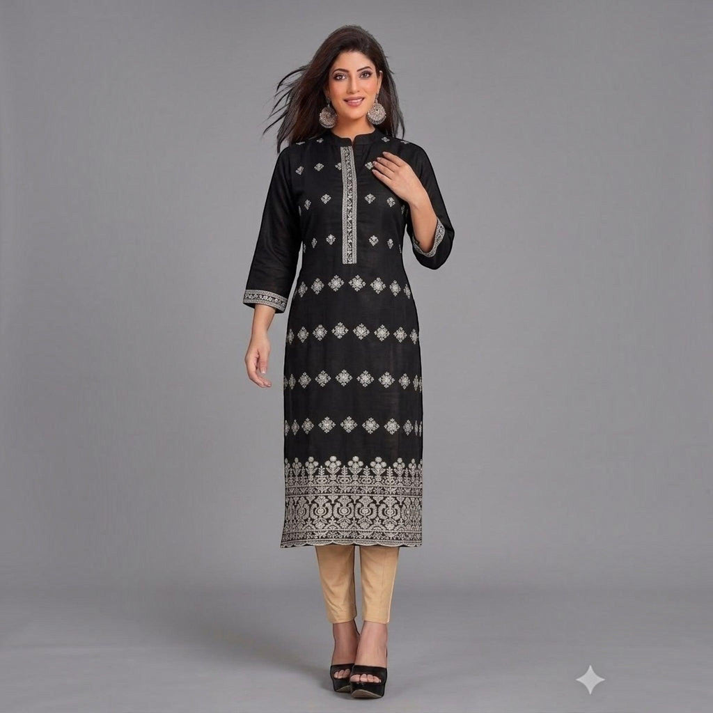 City Center black straight kurta with white embroidery, mandarin collar, and three-quarter sleeves on a model.