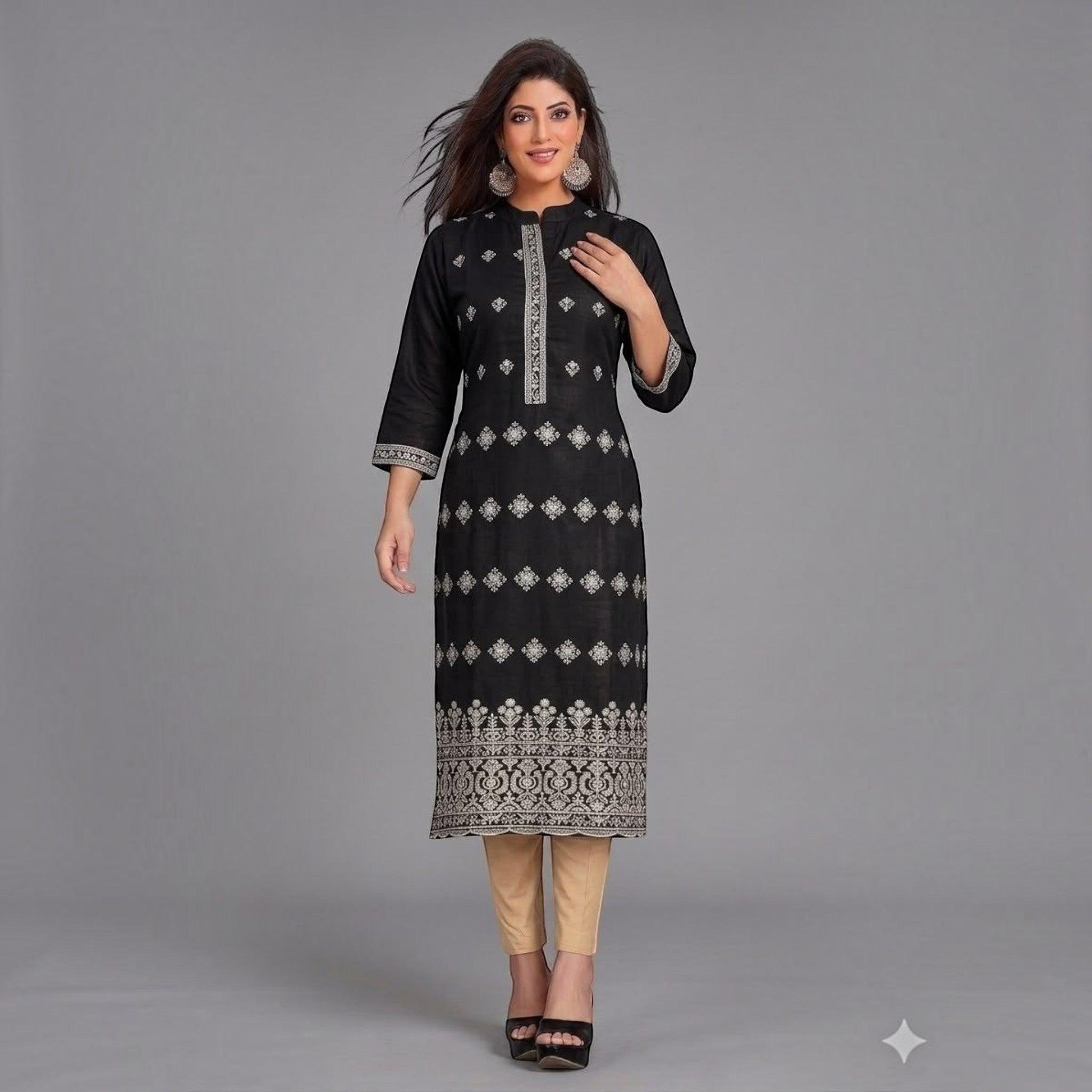 City Center black straight kurta with white embroidery, mandarin collar, and three-quarter sleeves on a model.