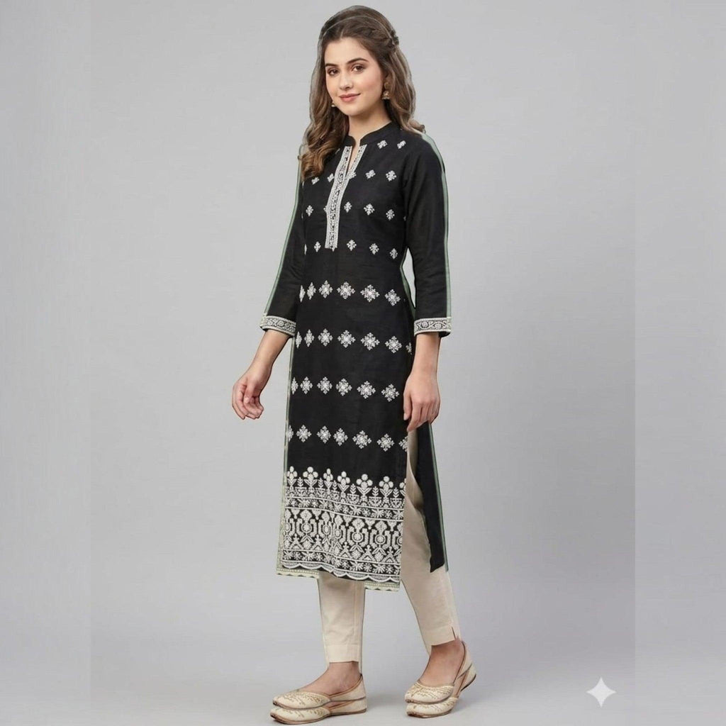 City Center black straight kurta with white intricate embroidery, mandarin collar, and three-quarter sleeves.