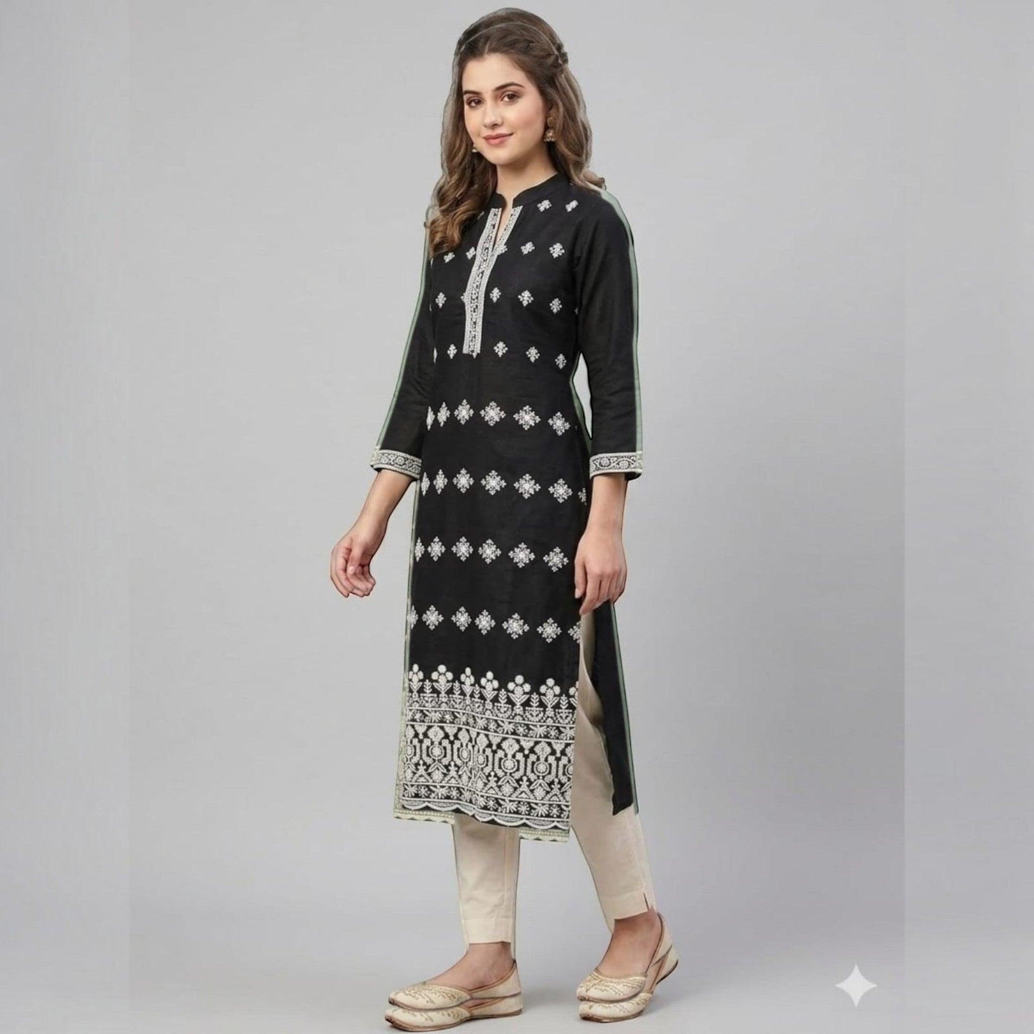 City Center black straight kurta with white intricate embroidery, mandarin collar, and three-quarter sleeves.