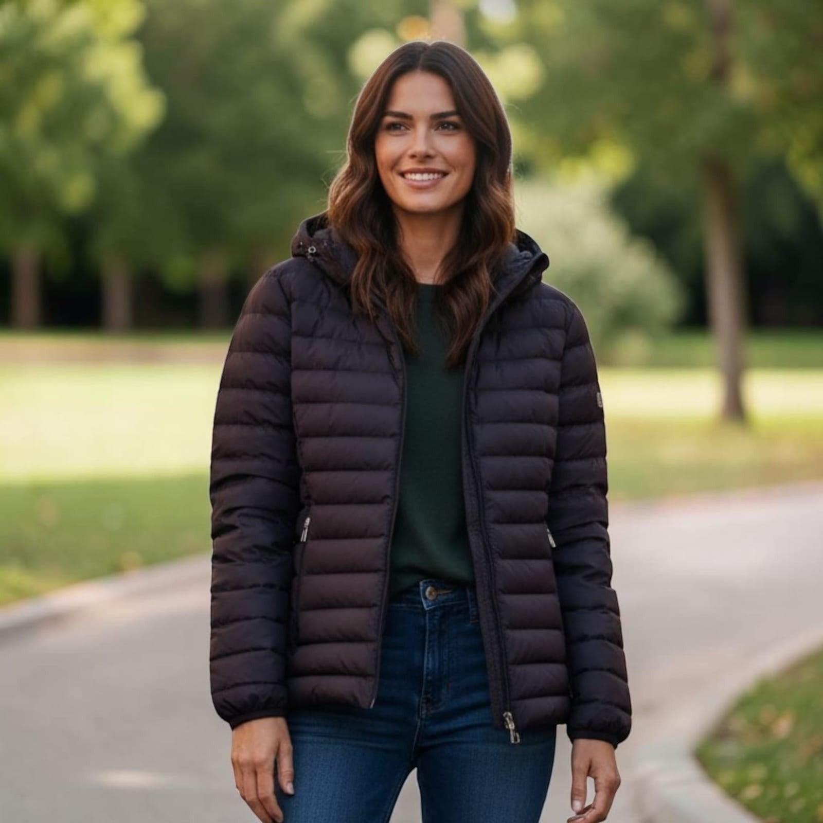 City Center woman wearing a black hooded feather touch bomber jacket with jeans in a park setting.