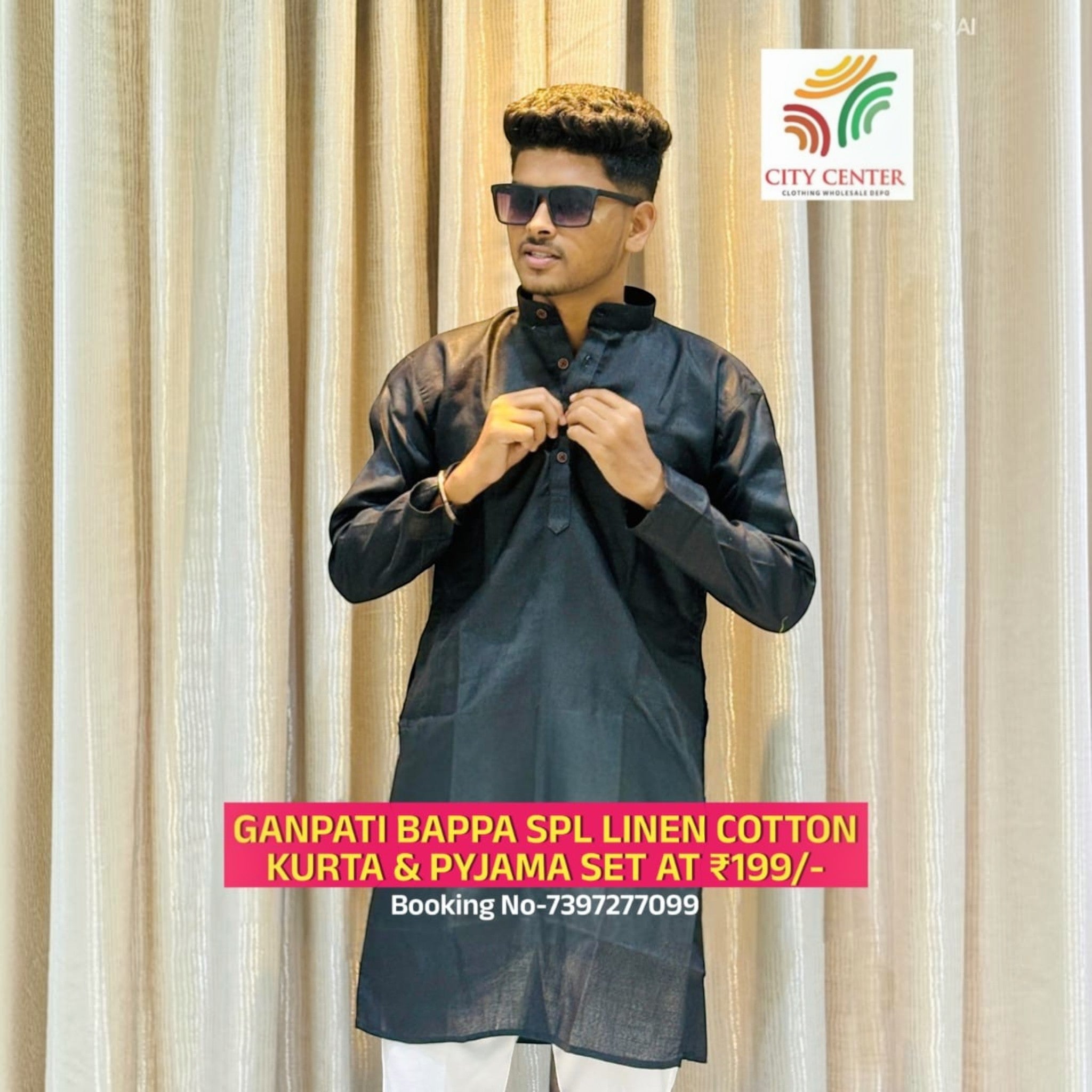City Center men's black linen cotton kurta and white pyjama set worn by a man with sunglasses for Ganpati festival
