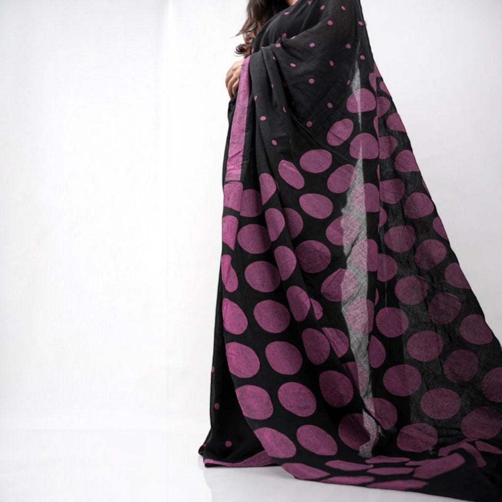 City Center premium cotton saree in black with large purple polka dot print, featuring a lightweight, breathable drape.