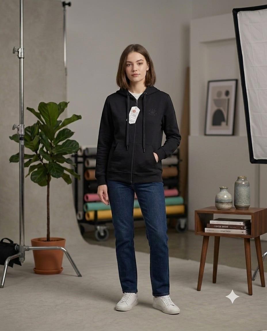 City Center black full zip hooded sweatshirt with front pockets and drawstring hood worn by a woman in jeans