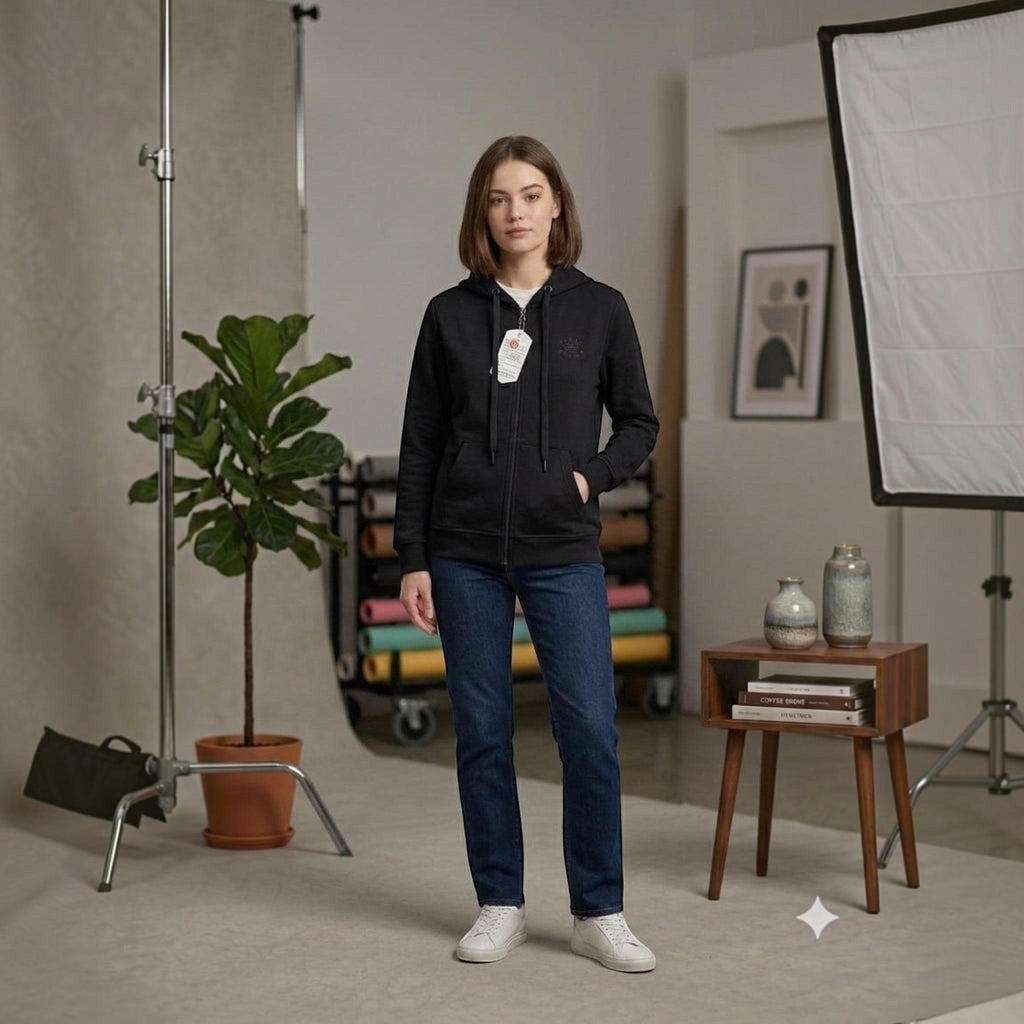 City Center black full zip hooded sweatshirt worn by a woman with blue jeans and white sneakers in a studio setting