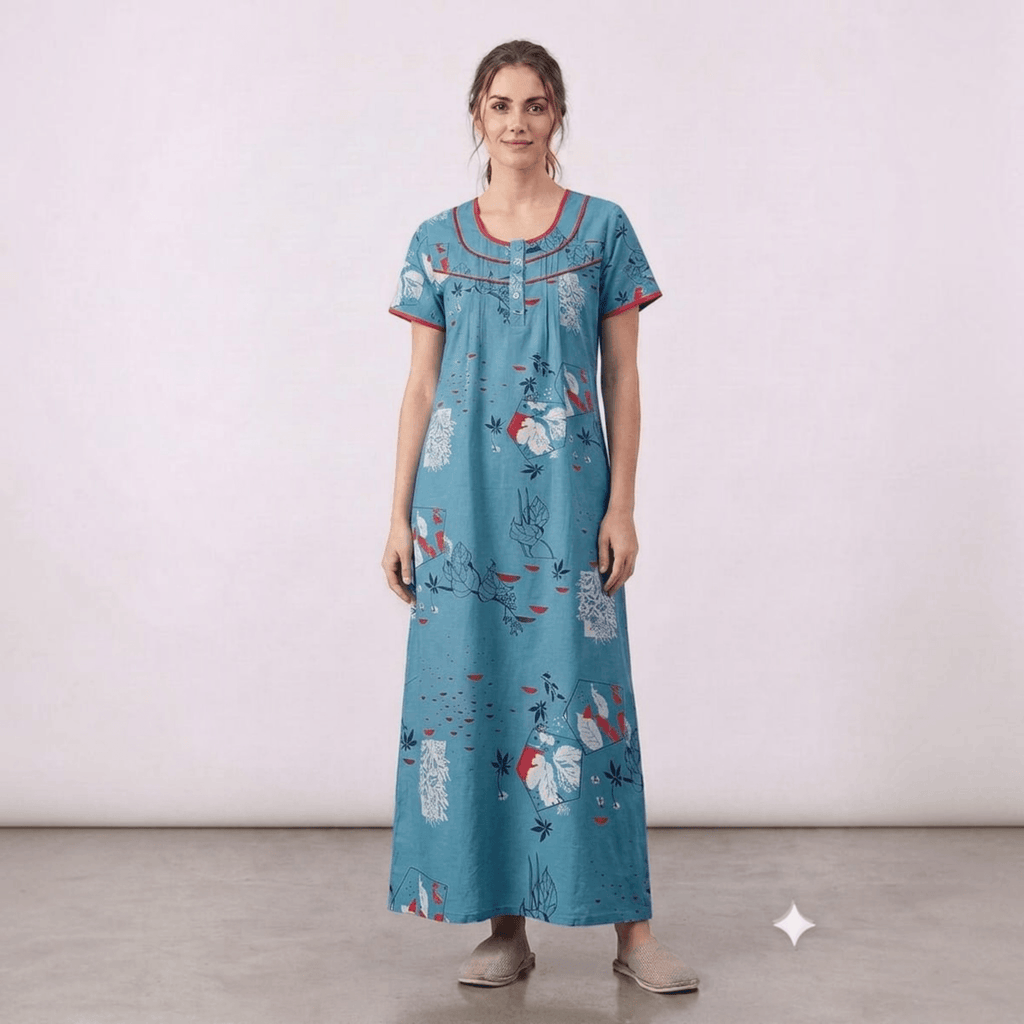City Center women's blue alpine fabric feeding gown with red trim, floral print, and front pleats.