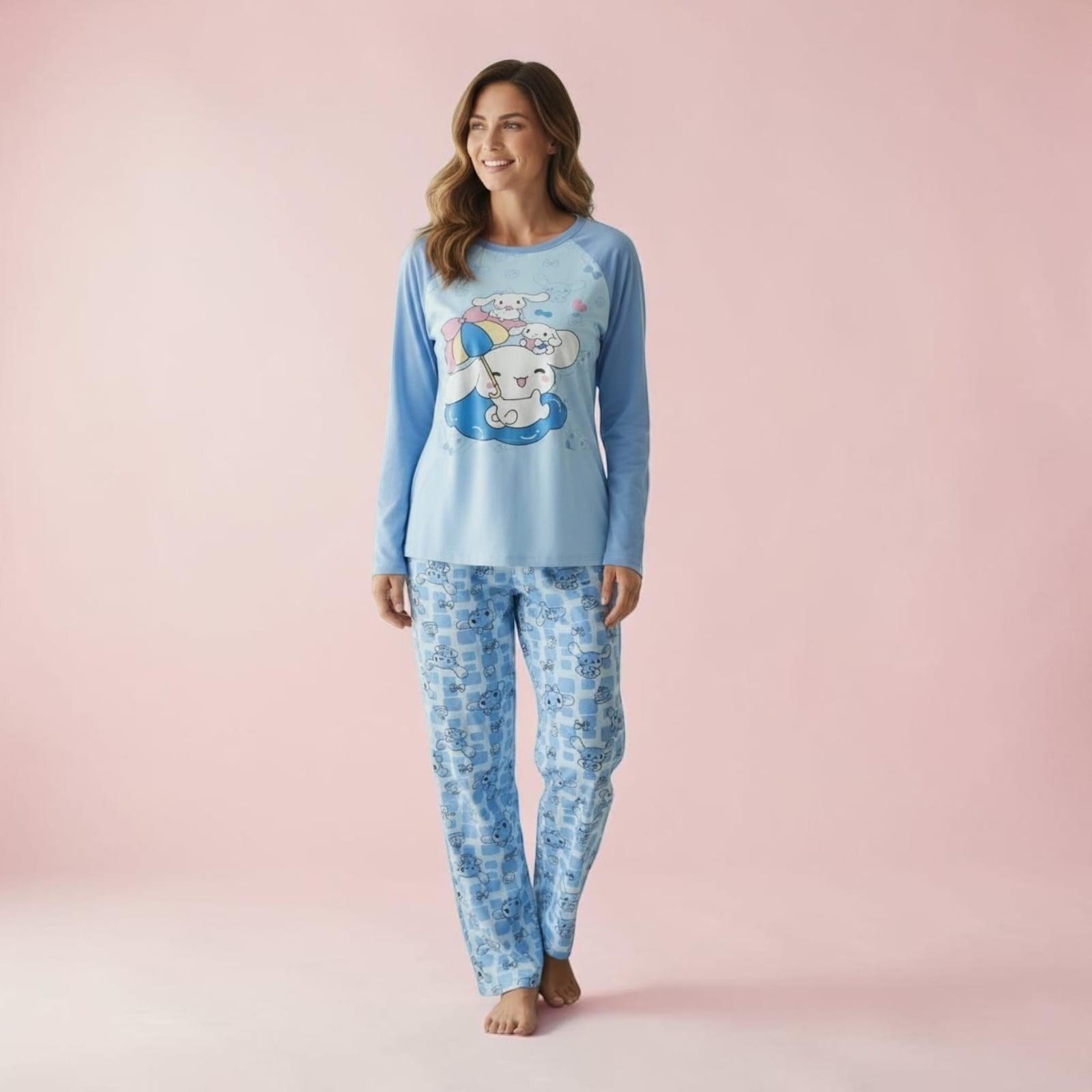 City Center Korean style blue long-sleeve co-ord set with cute cartoon print on a smiling woman