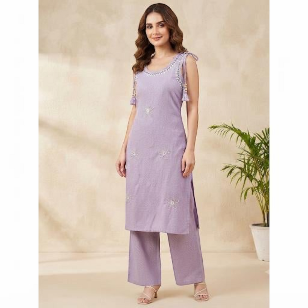 City Center blue co-ord set featuring a sleeveless tunic with shoulder ties and matching wide-leg trousers