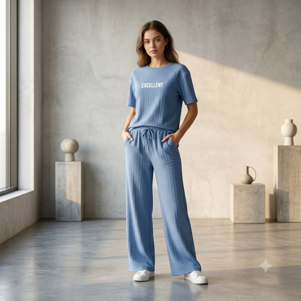 City Center blue corduroy co-ord set with oversized top and wide-leg trousers worn by a model in a minimalist studio.