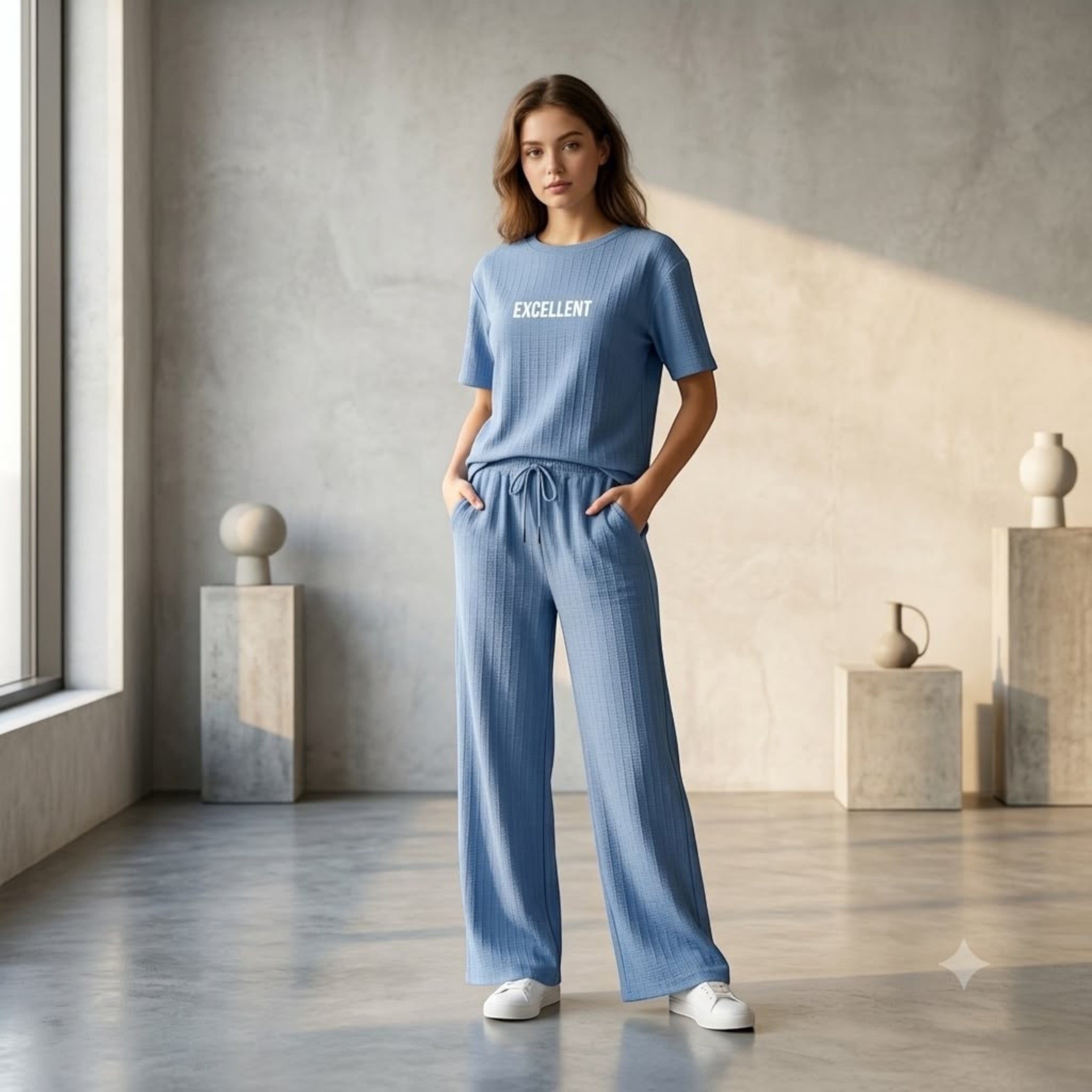 City Center blue corduroy co-ord set with oversized top and wide-leg trousers worn by a model in a minimalist studio.