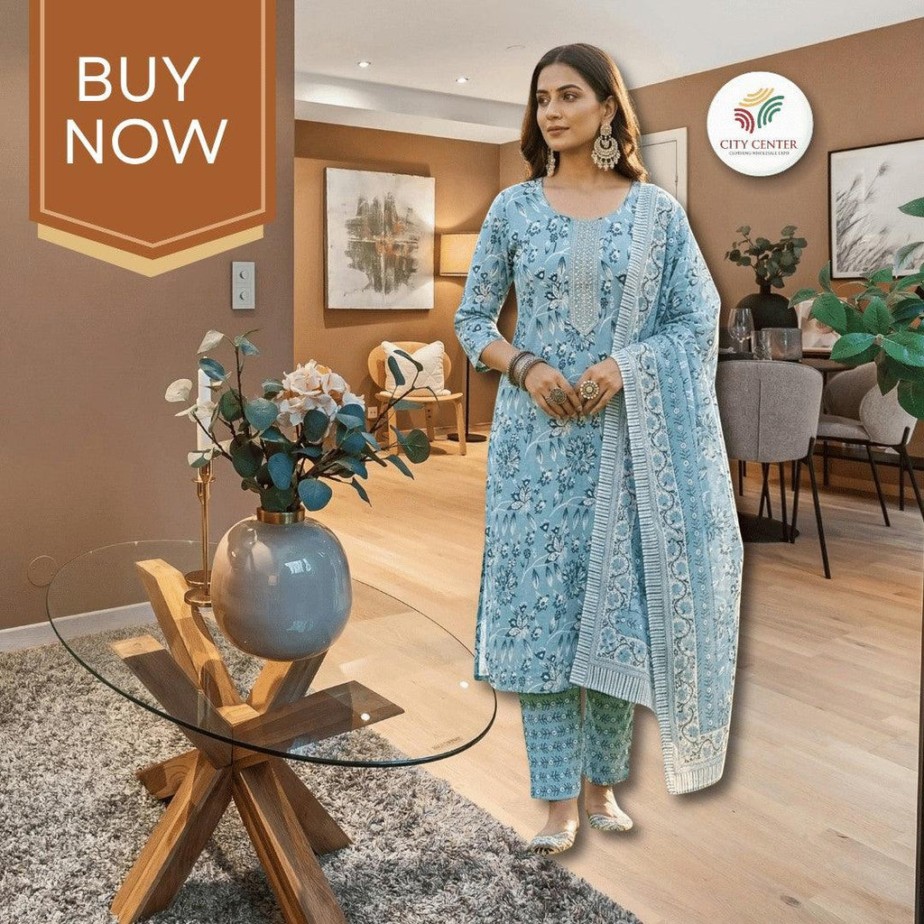 City Center light blue cotton kurti set with traditional Jaipuri floral print, matching pants, and dupatta.