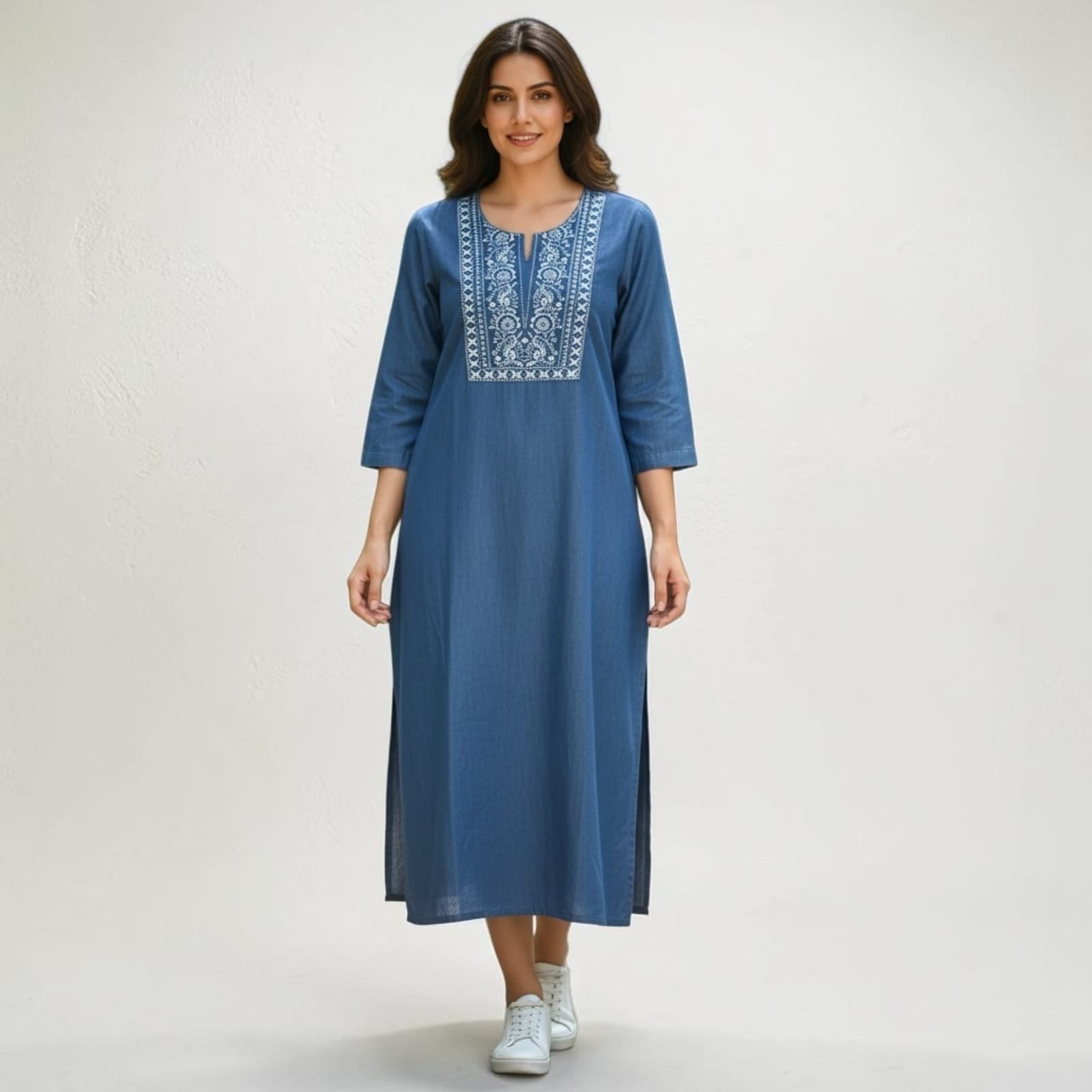City Center premium blue cotton denim kurti featuring white floral embroidery on the yoke and a mandarin collar