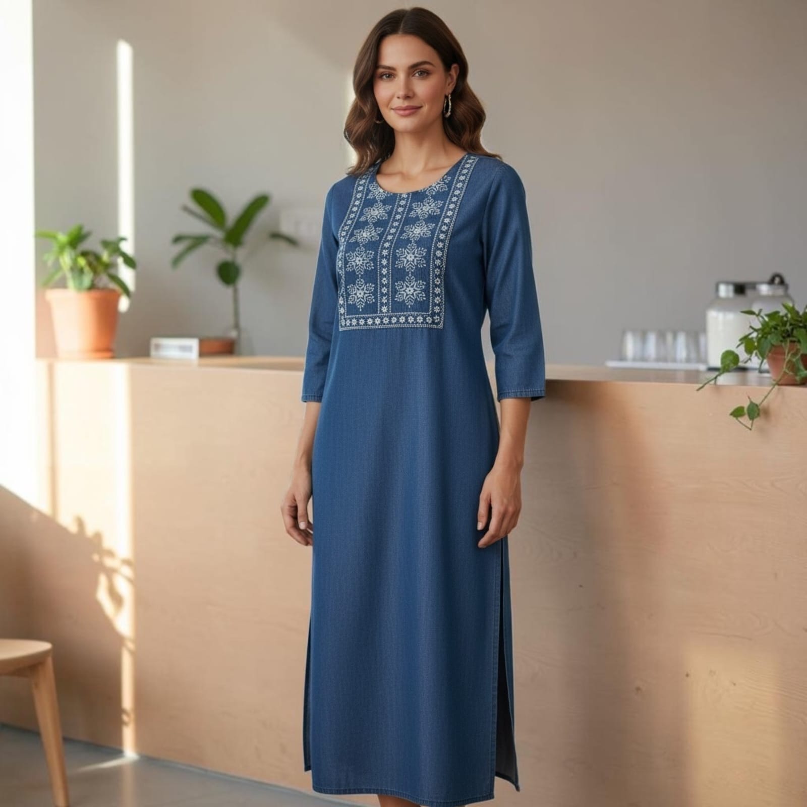 City Center blue cotton denim kurti with white embroidery on the yoke and side slits worn by a woman