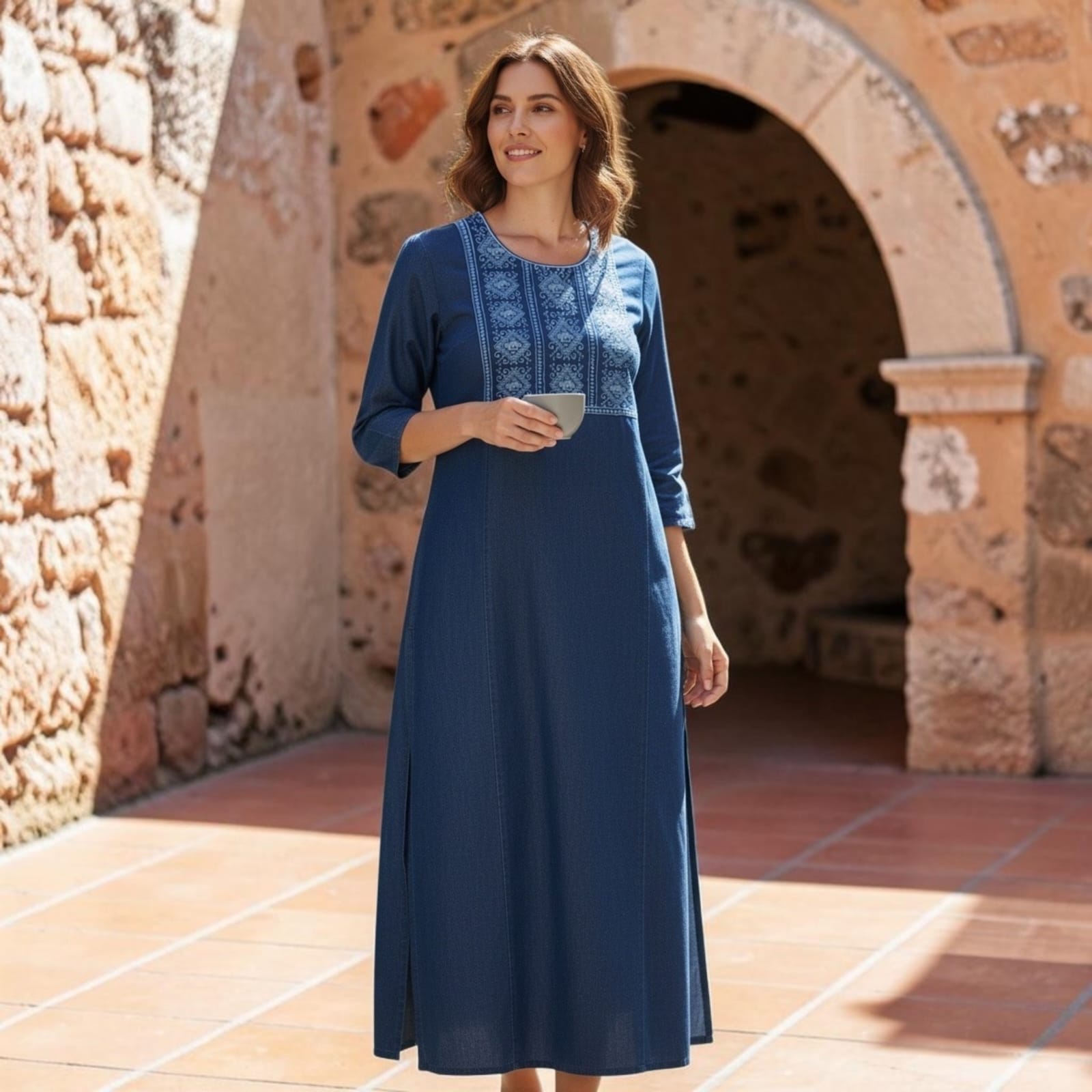 City Center blue cotton denim kurti with intricate embroidery on the yoke, worn by a woman in a stone courtyard.