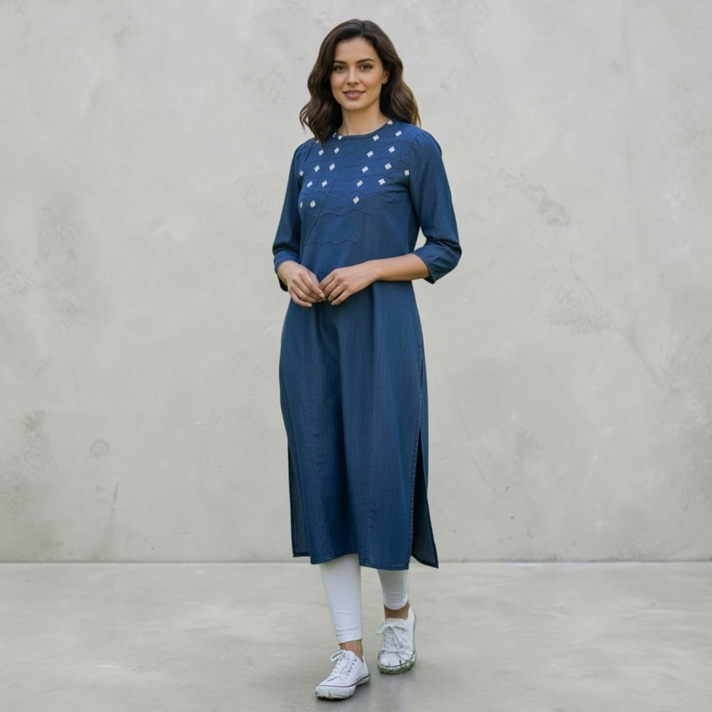 City Center premium blue cotton denim kurti with white embroidery details worn by a model with white leggings