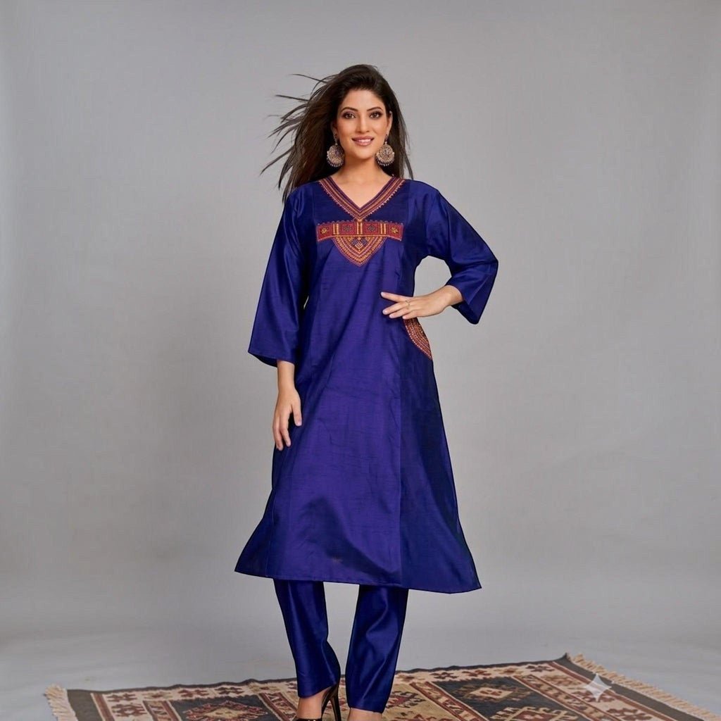 City Center blue ethnic kurta and pant set with vibrant V-neck embroidery and three-quarter sleeves on a model