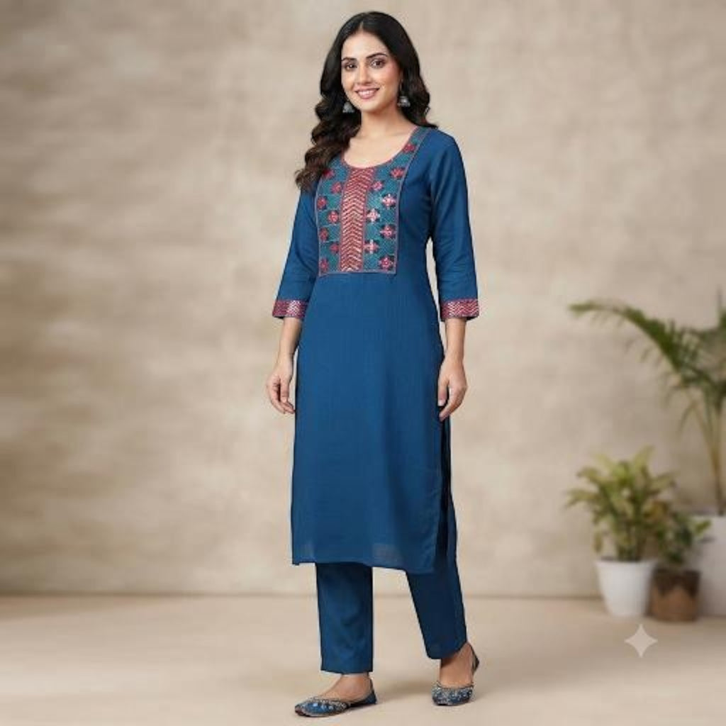City Center premium ethnic co-ord set in deep blue with intricate artisan embroidery on the neckline and sleeves.