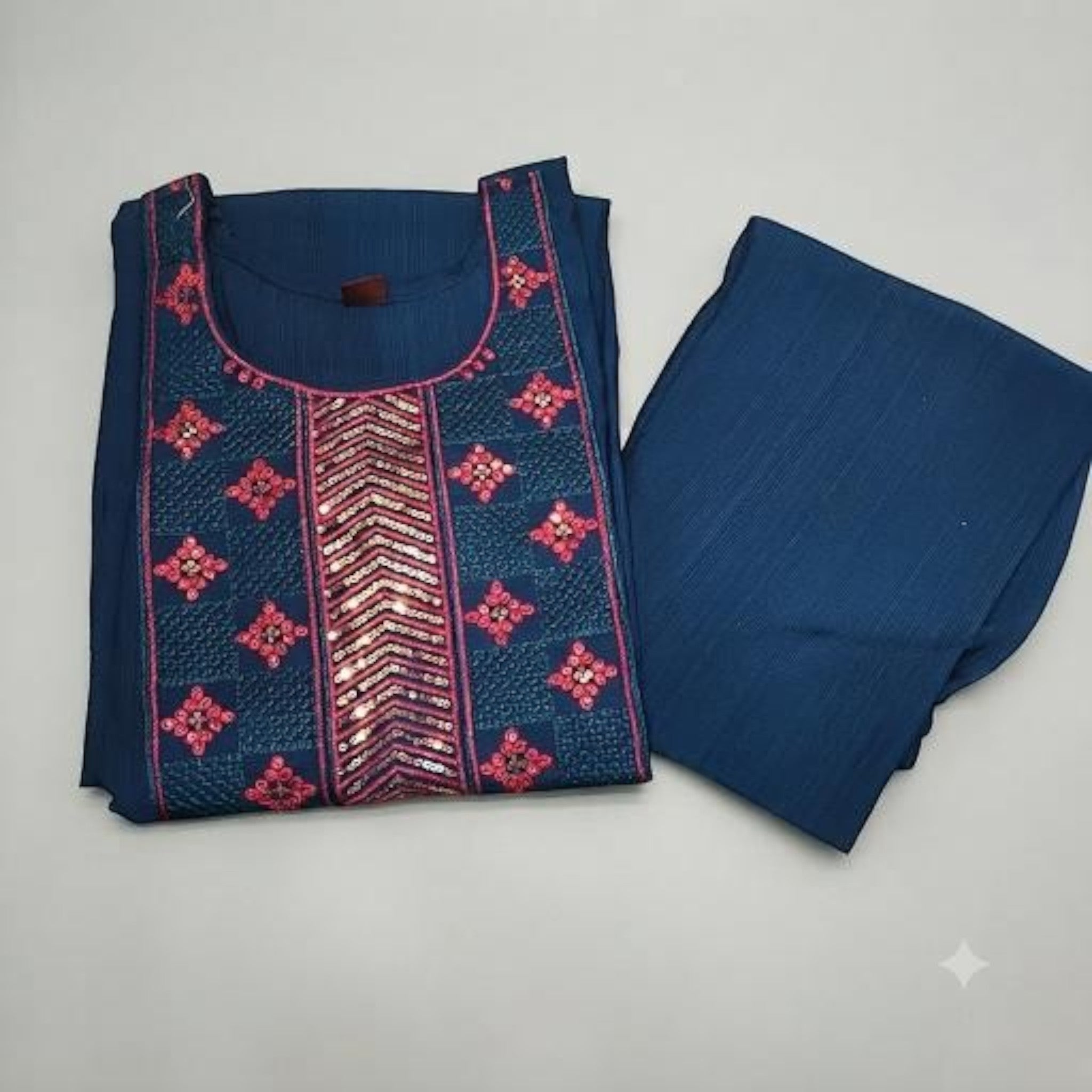 City Center premium ethnic co-ord set in deep blue with pink floral embroidery and sequin detailing on the neckline