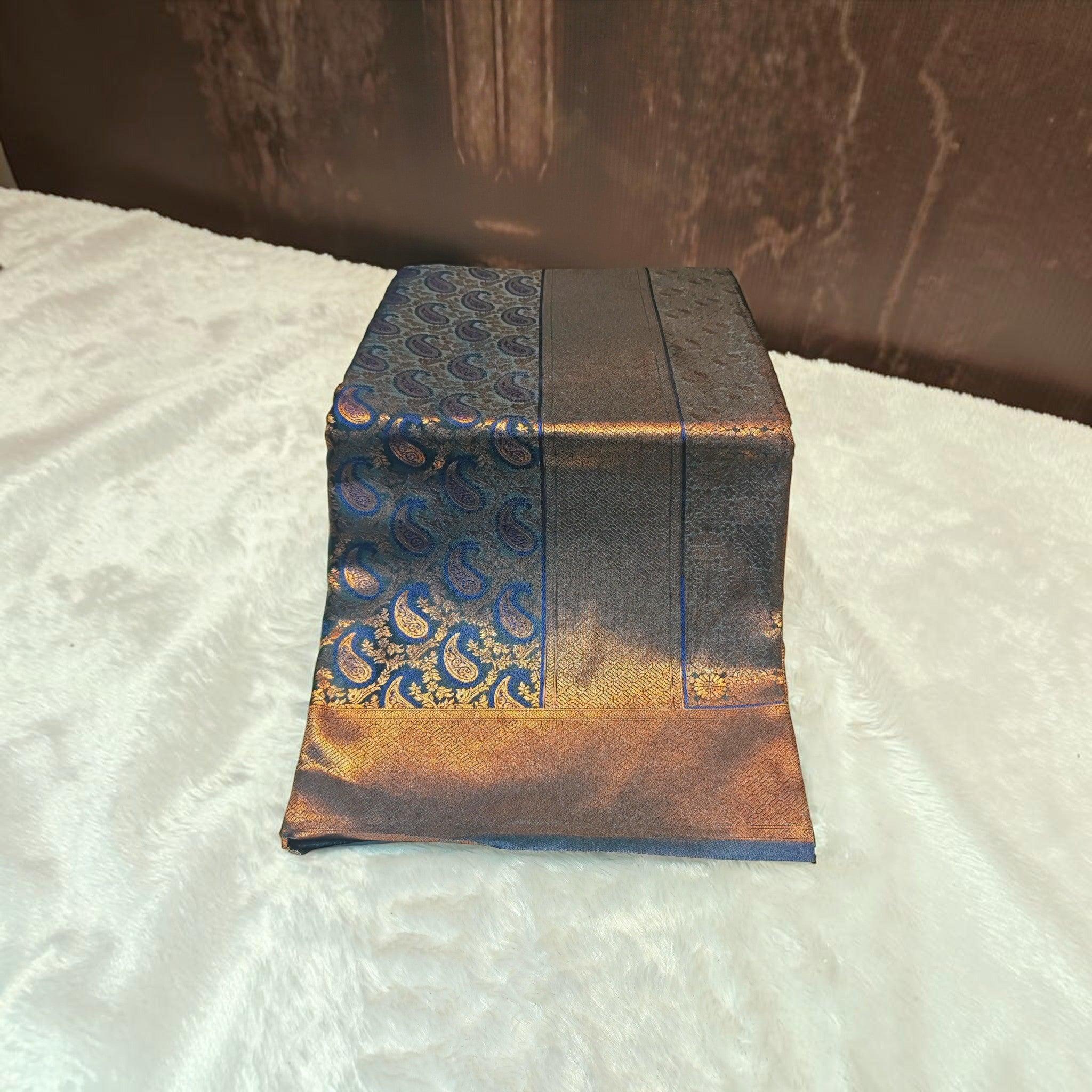 City Center satin silk saree in deep blue with intricate gold paisley patterns and a wide metallic border