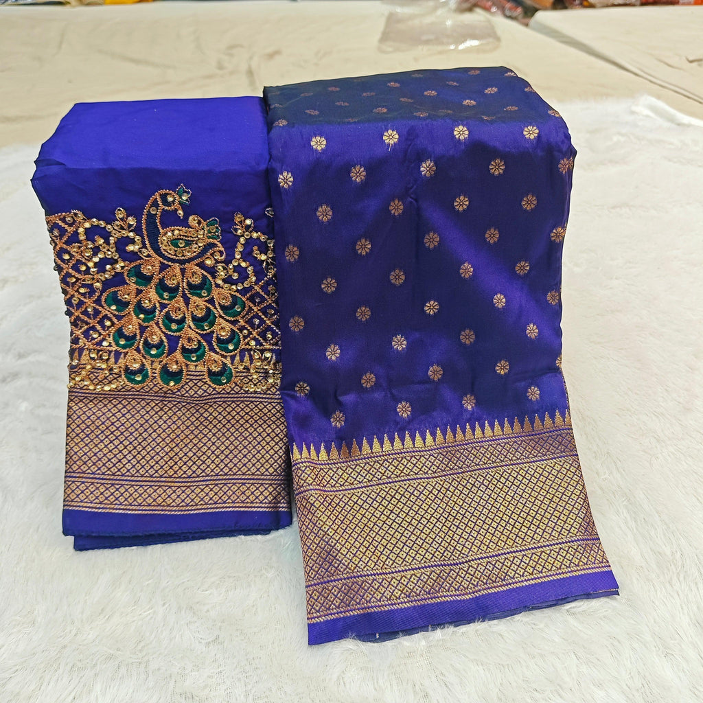 City Center royal blue Kalanjali silk saree with gold woven border and matching blouse featuring peacock Aari work