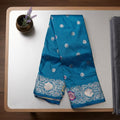 City Center premium blue Kattpadar silk saree with intricate silver zari floral border and polka dot motifs