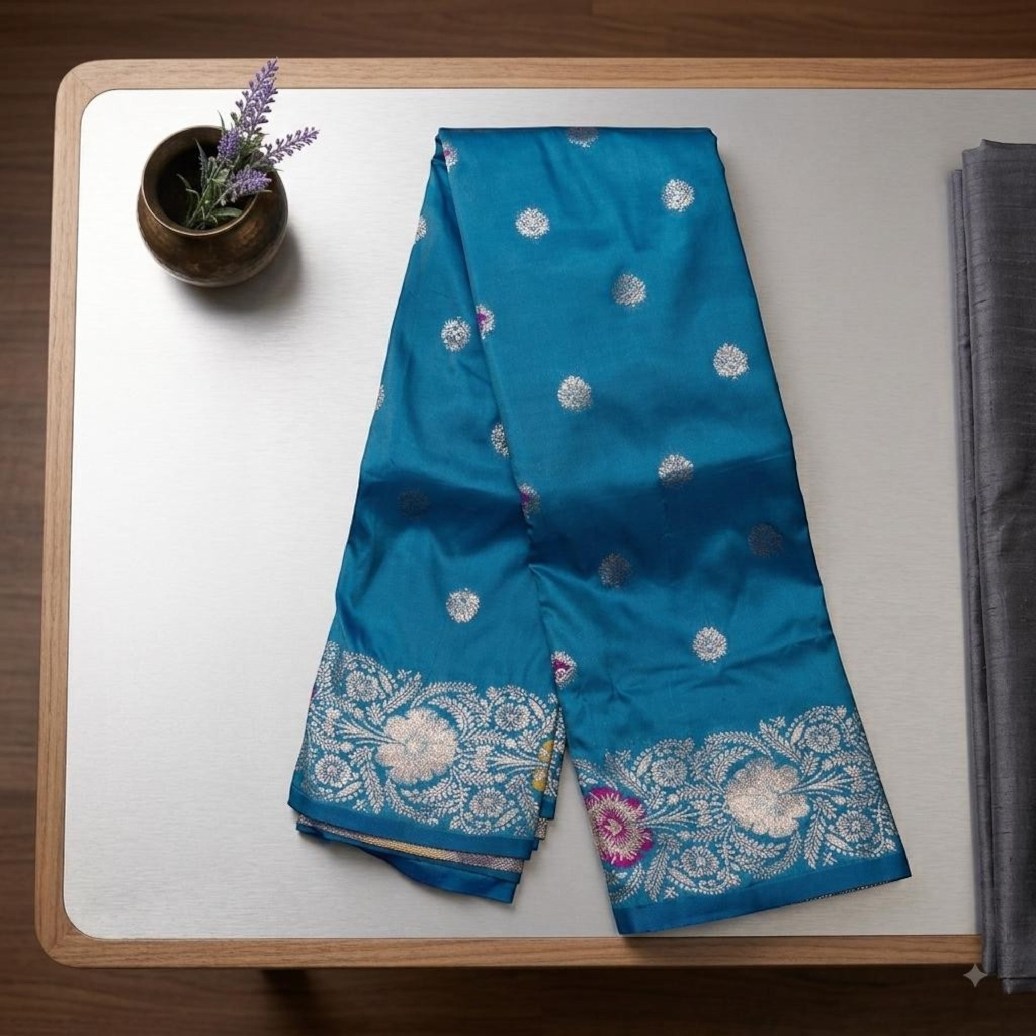 City Center premium blue Kattpadar silk saree with intricate silver zari floral border and polka dot motifs