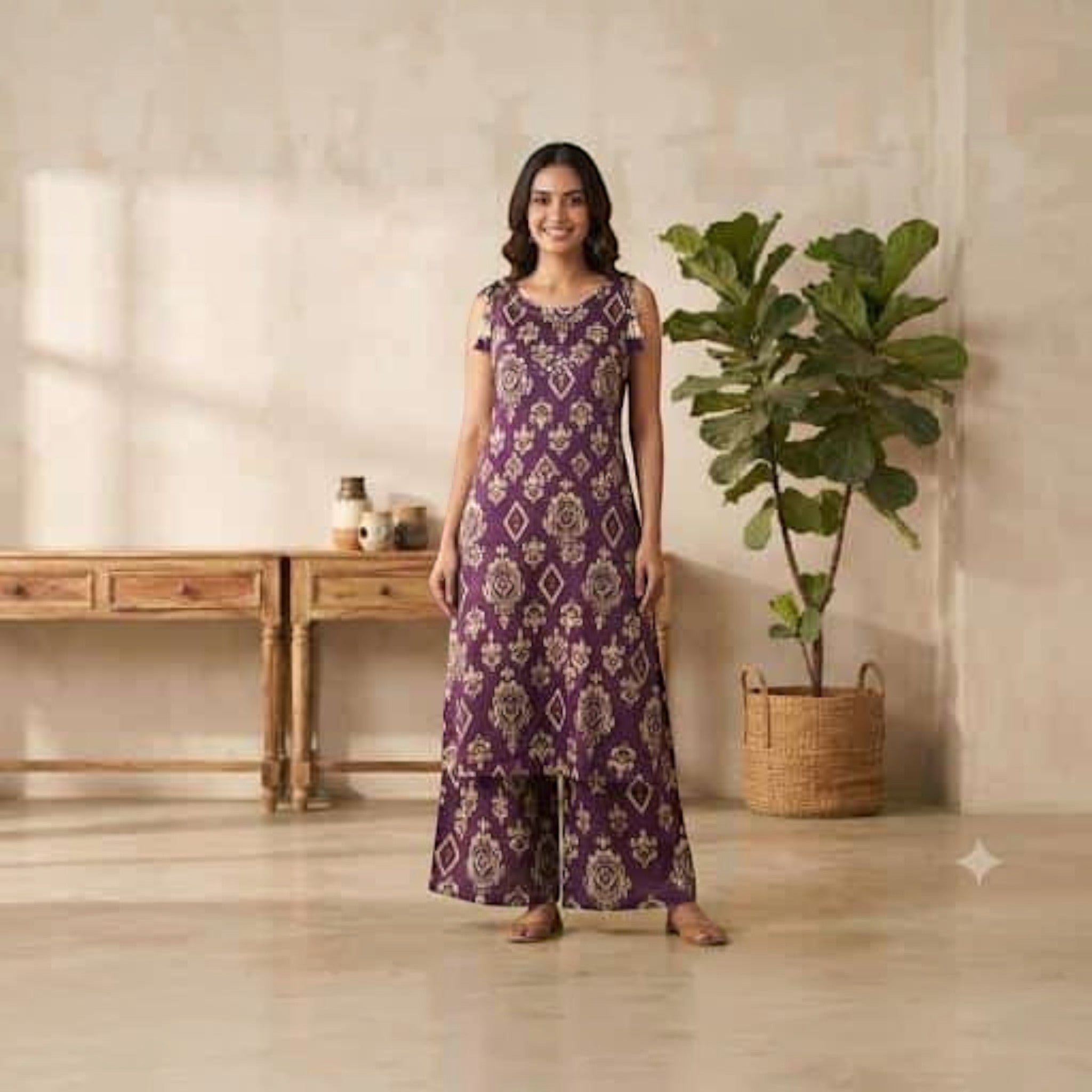 City Center Blue Lady co-ord set featuring a sleeveless top and wide-leg trousers with a gold ethnic print pattern.
