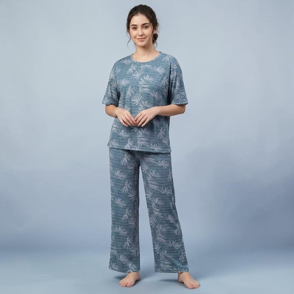 City Center women's blue lounge pajama set with short sleeves and leaf print, featuring a relaxed fit.