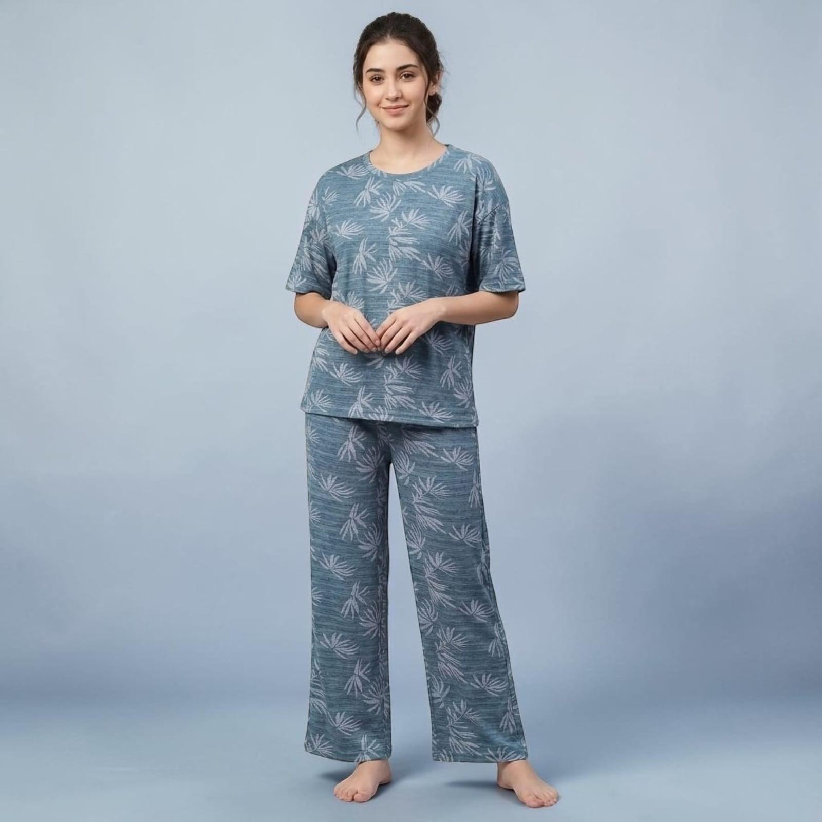 City Center women's blue lounge pajama set with short sleeves and leaf print, featuring a relaxed fit.