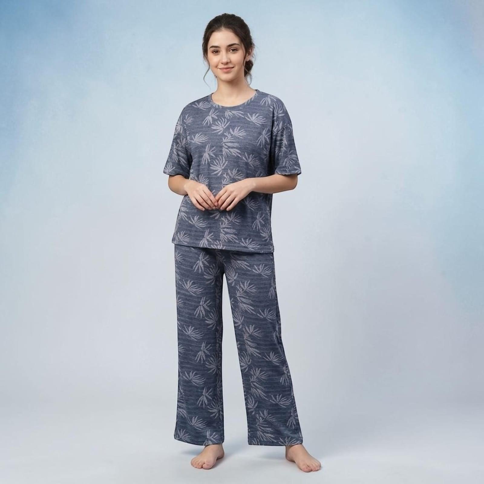 City Center women's blue lounge pajama set with short sleeves and a white leaf print on soft breathable fabric