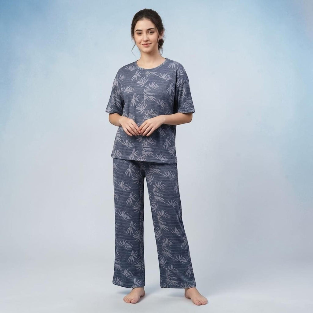 City Center women's blue lounge pajama set with short sleeves and a nature-inspired leaf print on soft fabric.