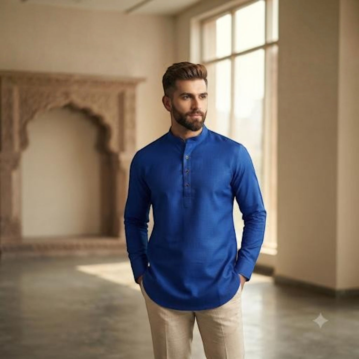 City Center blue long-sleeve kurta with a mandarin collar worn by a man with beige trousers in a bright room.