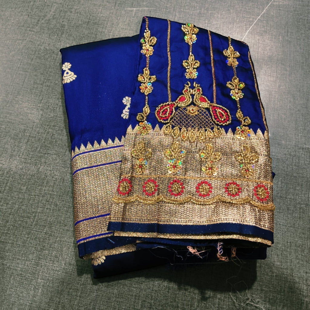 City Center royal blue Paithani saree with intricate gold zari border and matching blouse featuring detailed Aariwork